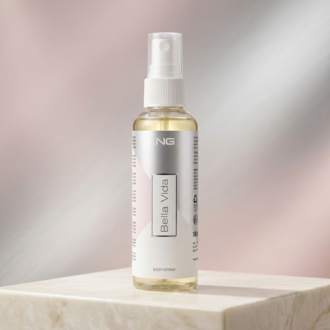 NG Bella Vida Body Spray 100ml on a marble podium