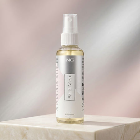 NG Bella Vida Body Spray 100ml on a marble podium