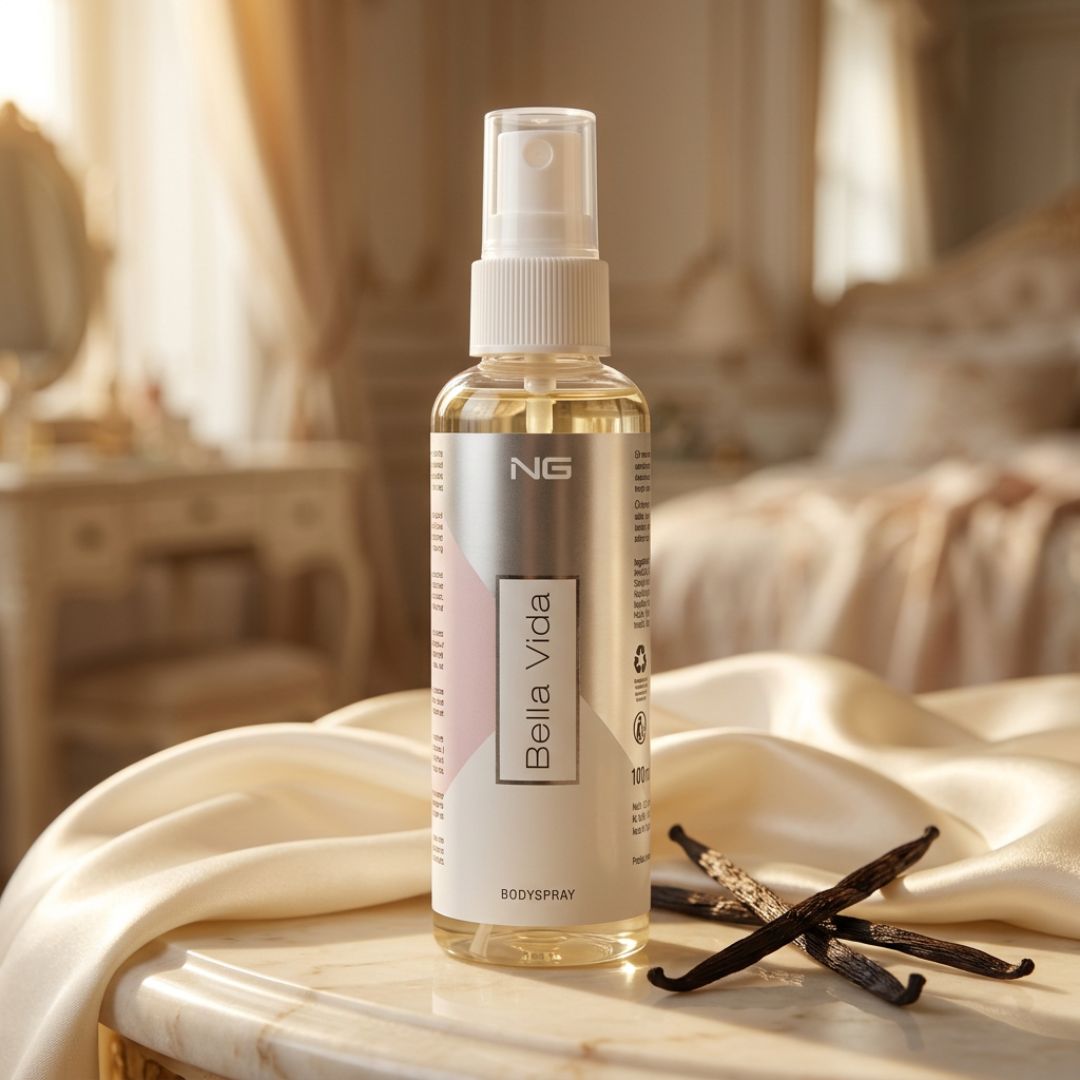 NG Bella Vida Body Spray 100ml on a marble table with bedroom background