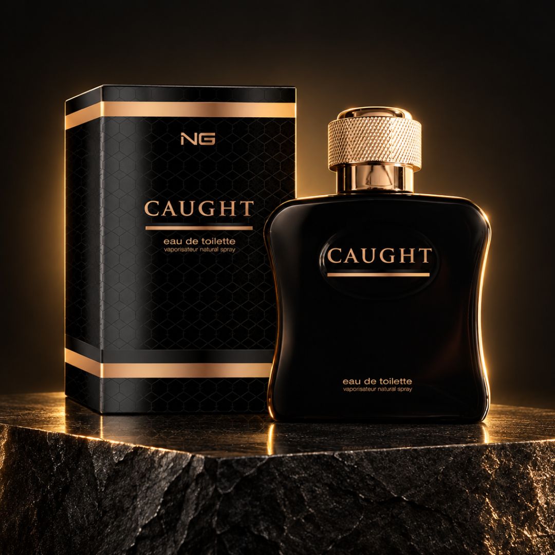 NG Fragrance Caught Eau de Toilette 100ml illuminated by a yellow light and on a dark background