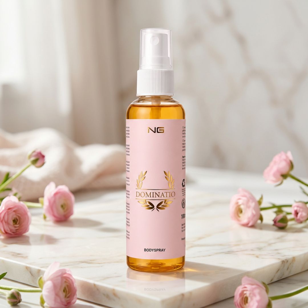 NG Dominatio Body Spray 100ml on a marble and roses background