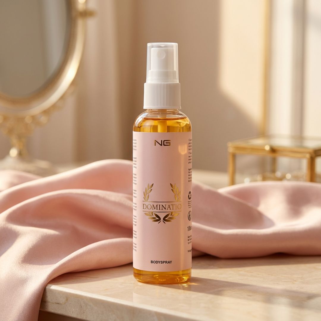 NG Dominatio Body Spray 100ml on a bedroom background