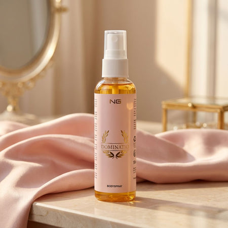 NG Dominatio Body Spray 100ml on a bedroom background