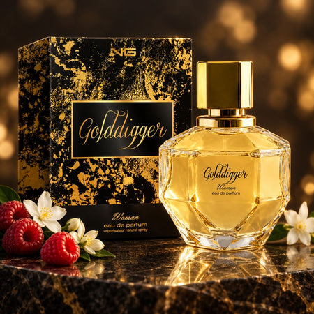 NG Fragrance Golddigger For Her Eau de Parfum 90ml on a cracked golden marble countertop