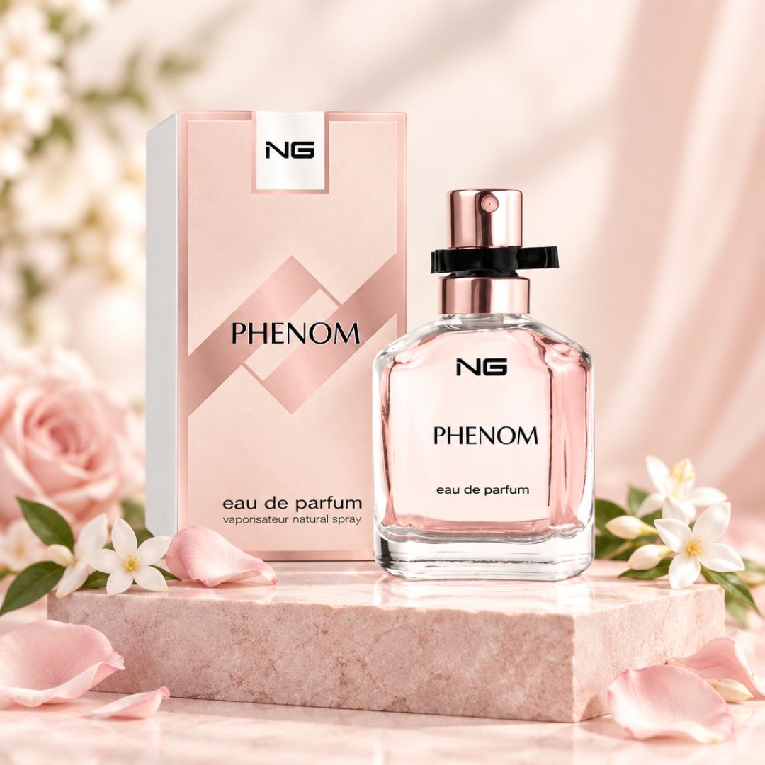 NG Fragrance Phenom EDP 100ml on a marble countertop with a floral background