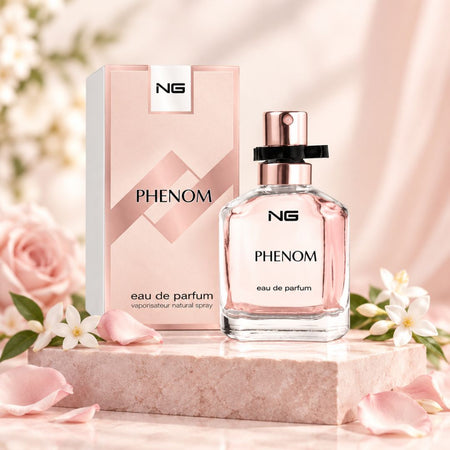 NG Fragrance Phenom EDP 100ml on a marble countertop with a floral background