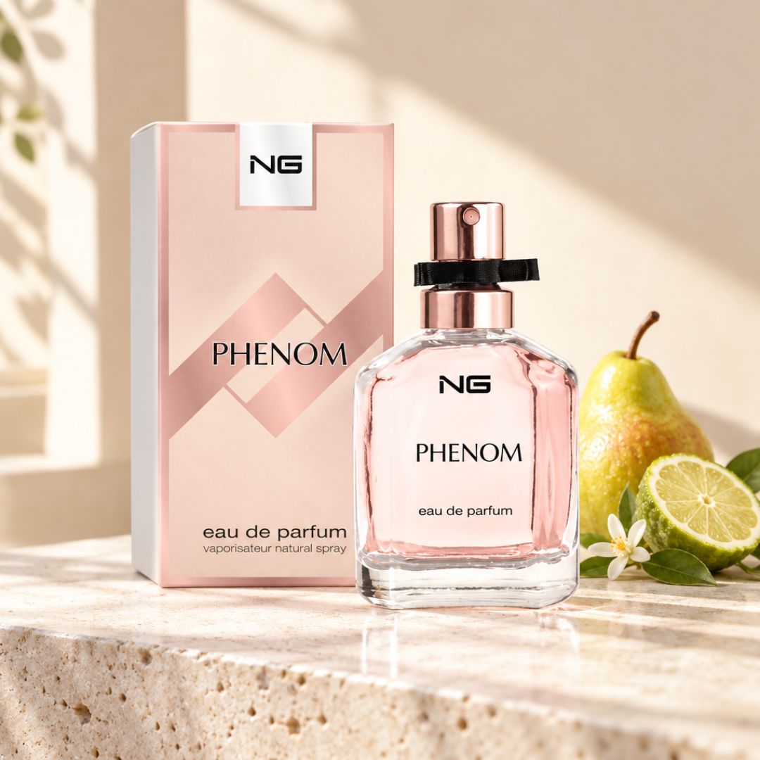 NG Fragrance Phenom EDP 100ml on a marble countertop with pear and lime in background