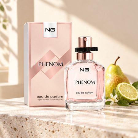 NG Fragrance Phenom EDP 100ml on a marble countertop with pear and lime in background