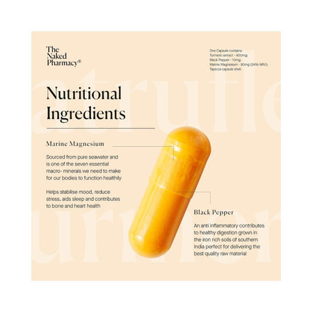 A square informational card from The Naked Pharmacy titled 'Nutritional Ingredients' on a pale peach background, featuring a large translucent yellow-orange capsule and text about marine magnesium and black pepper.