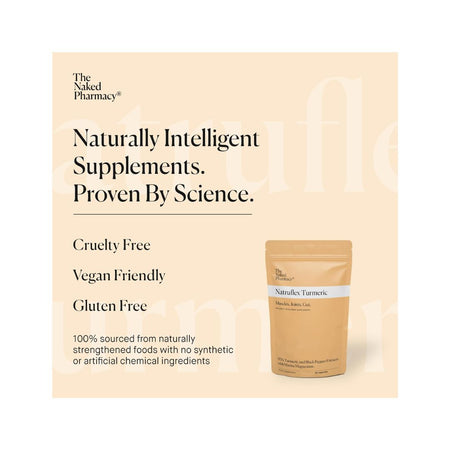 The Naked Pharmacy Naturals Turmeric supplement pouch shown on a light beige background with promotional text.
