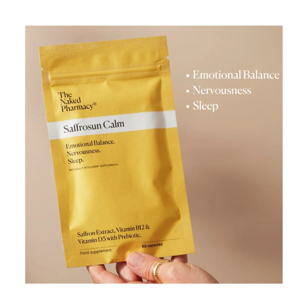 The Naked Pharmacy Saffrosun Calm product information on a cream background