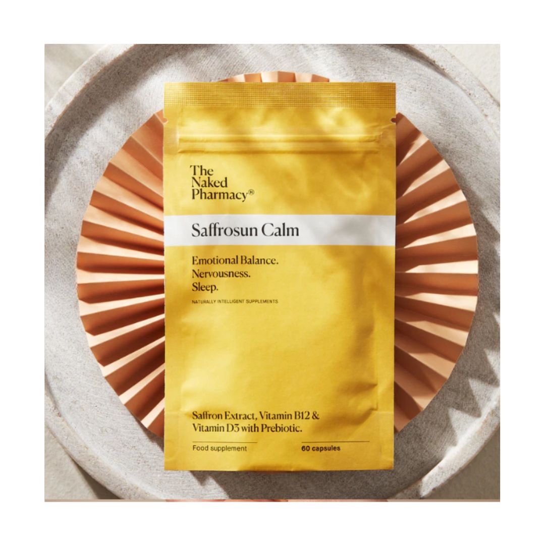 The Naked Pharmacy Saffrosun Calm sachet on a stone background