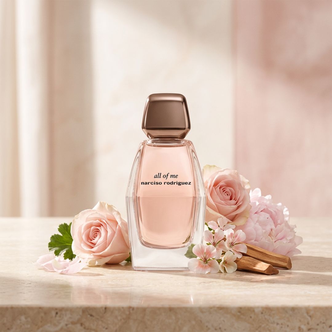 Narciso Rodriguez All of Me Eau de Parfum 30ml on a marble countertop with flowers