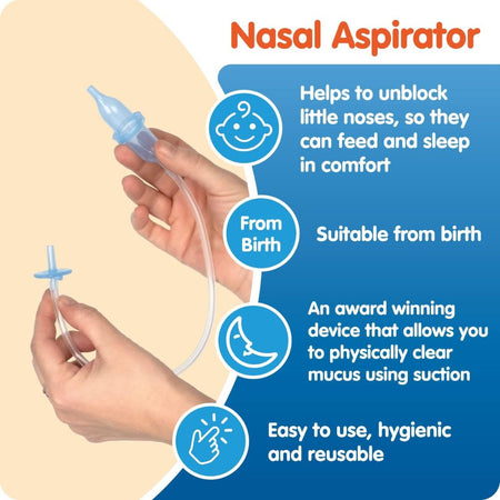 Nasal aspirator product shown with two hands holding the clear plastic tube and bulb, on a beige and blue infographic background with text benefits including 'Helps to unblock little noses' and 'From Birth'.