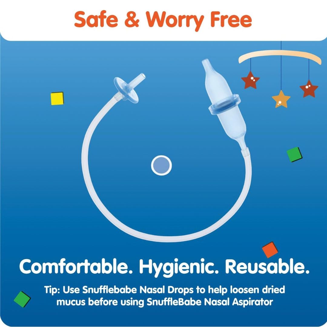 Promotional graphic for the SnuffleBabe Nasal Aspirator, showing a reusable white plastic nasal aspirator with a flexible tube and a nasal tip against a blue background with text and decorative star and square icons.
