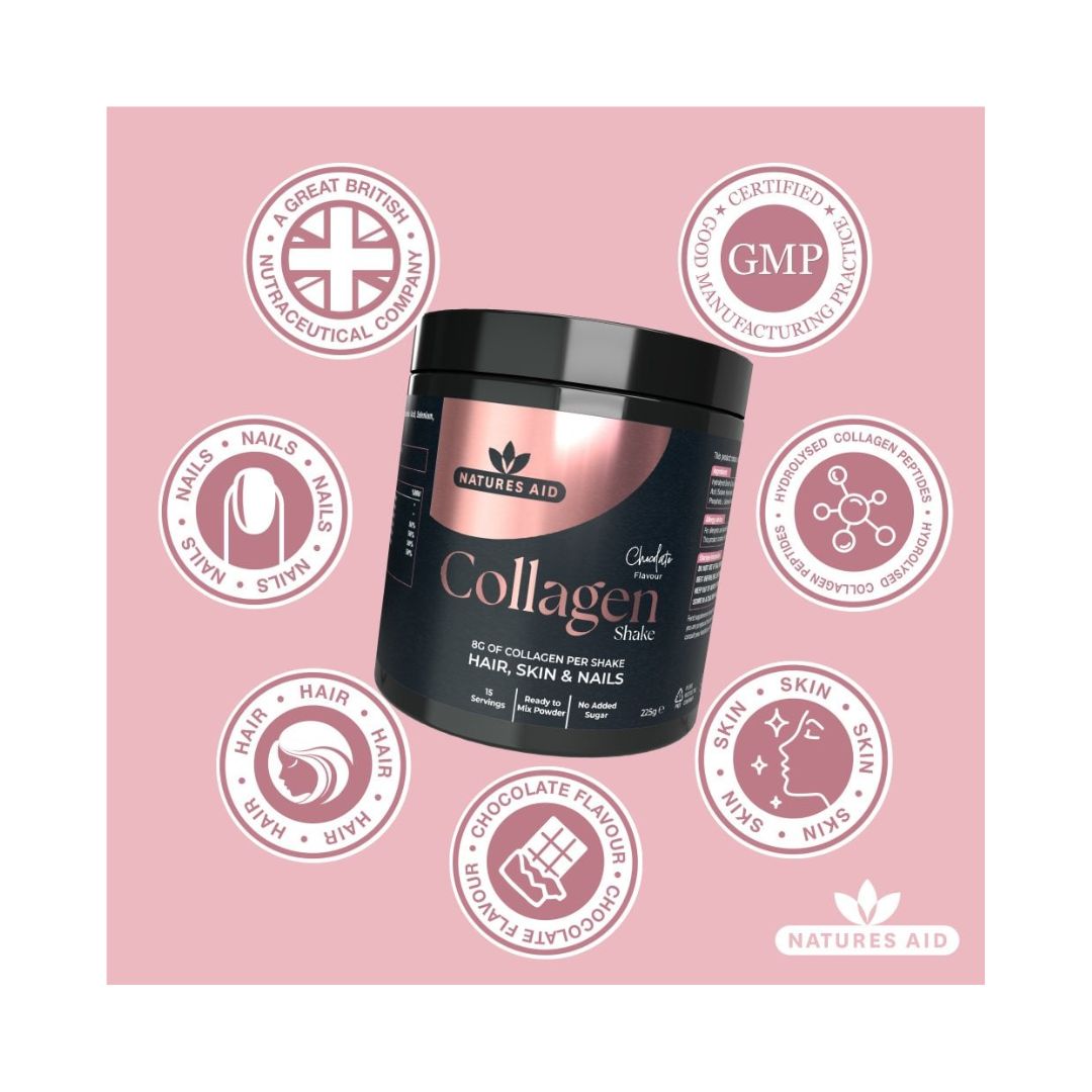 Natures Aid Collagen Shake Powder - Chocolate key benefits on a pink background