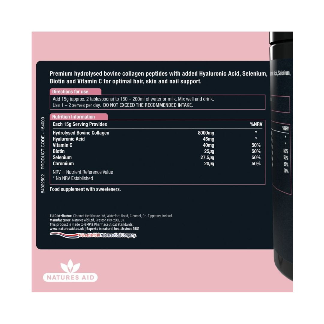 Natures Aid Collagen Shake Powder - Chocolate nutritional information label on a pink background