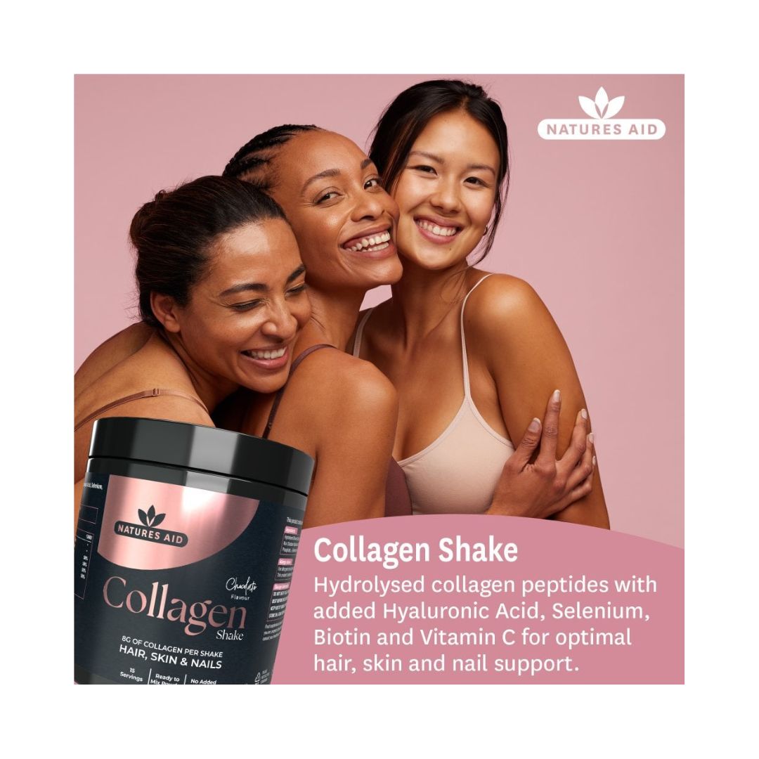 Natures Aid Collagen Shake Powder - Chocolate product information on a photo of a group of women smiling