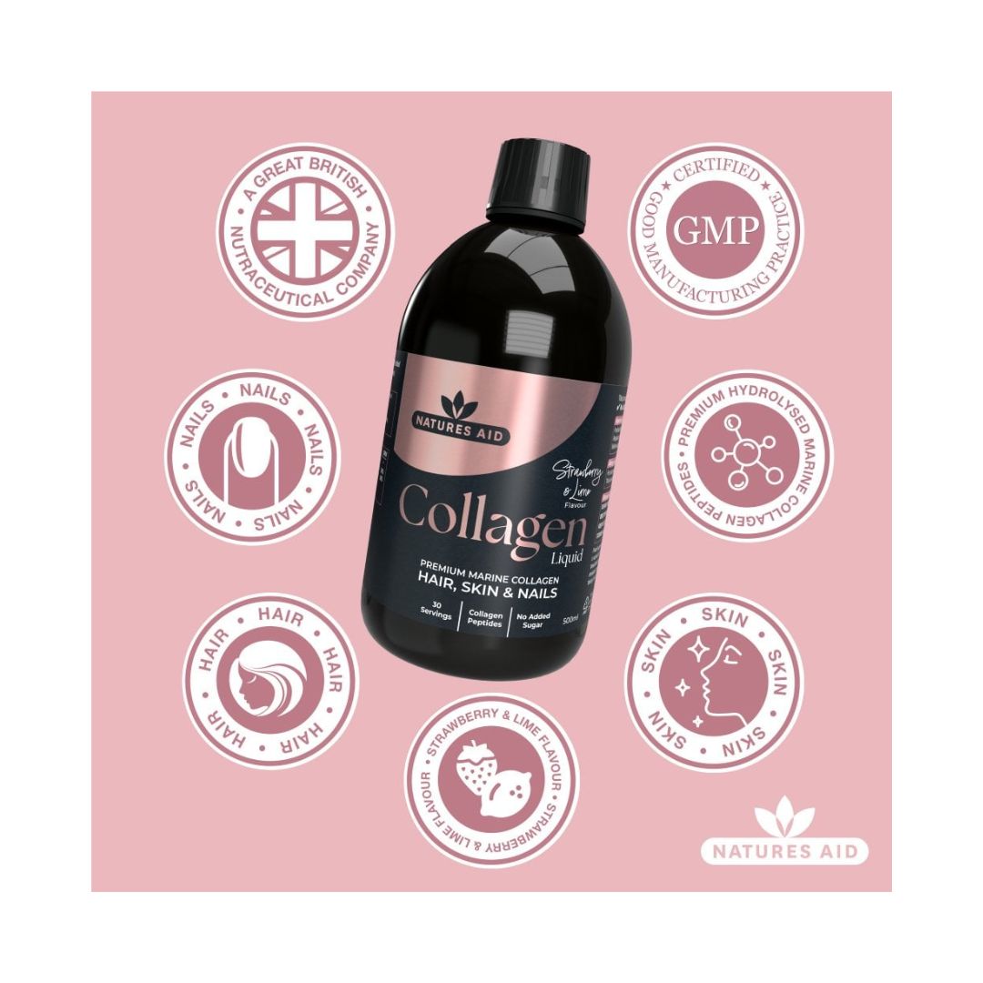 Natures Aid Collagen Liquid - Strawberry & Lime key information on a pink background