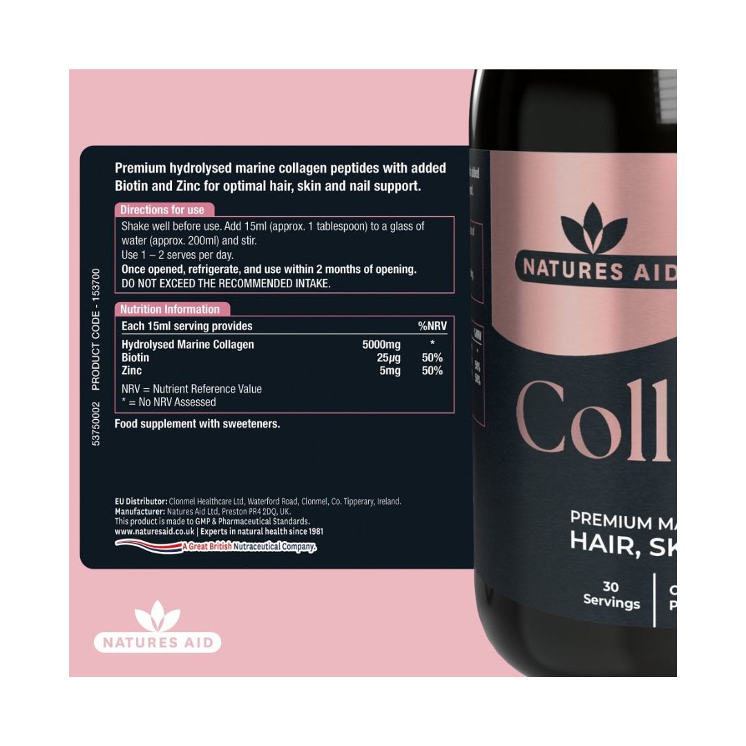 Natures Aid Collagen Liquid - Strawberry & Lime directions for use and nutritional info label