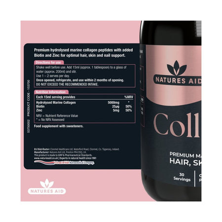 Natures Aid Collagen Liquid - Strawberry & Lime directions for use and nutritional info label