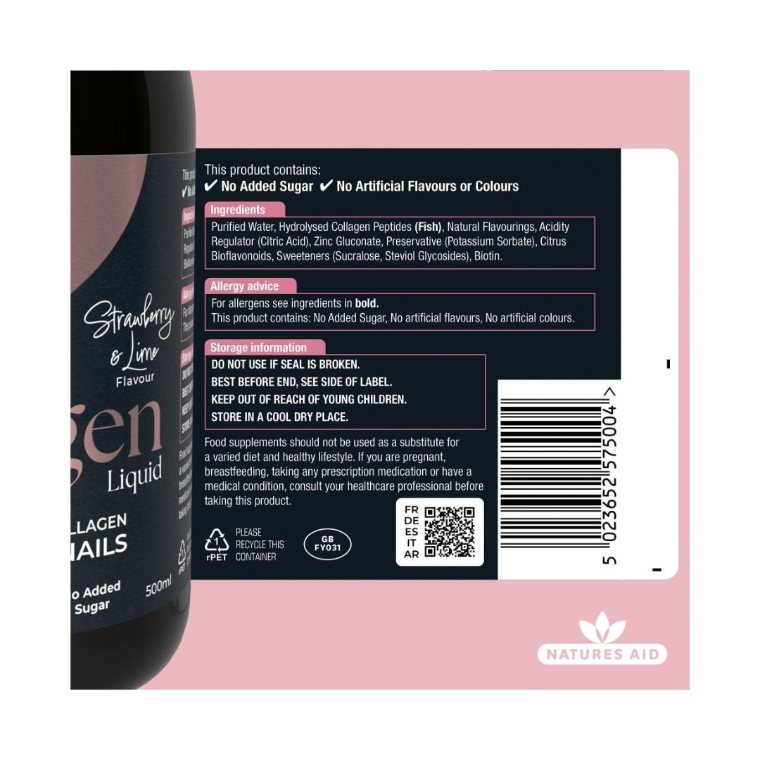 Natures Aid Collagen Liquid - Strawberry & Lime ingredients, storage information and allergen label