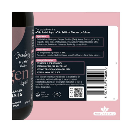 Natures Aid Collagen Liquid - Strawberry & Lime ingredients, storage information and allergen label