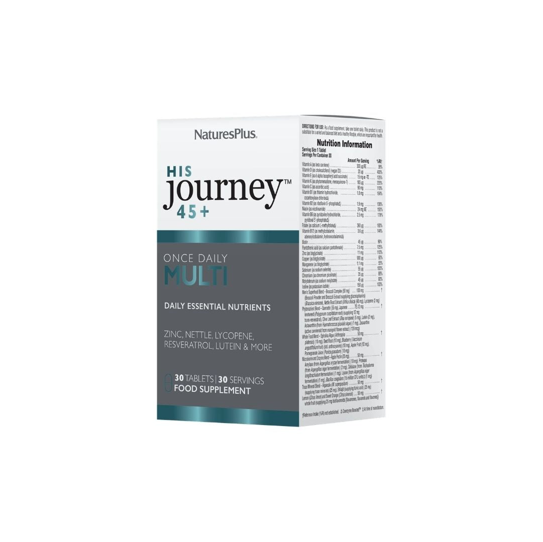 NaturesPlus His Journey 45+ Multivitamin 30 Tablets box on a white background