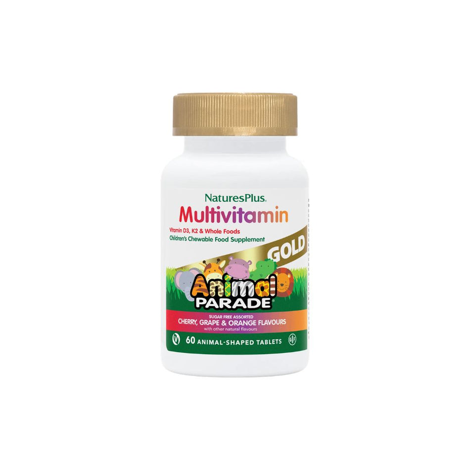 NaturesPlus Animal Parade Chewable Multivitamin Assorted Flavours on a white background