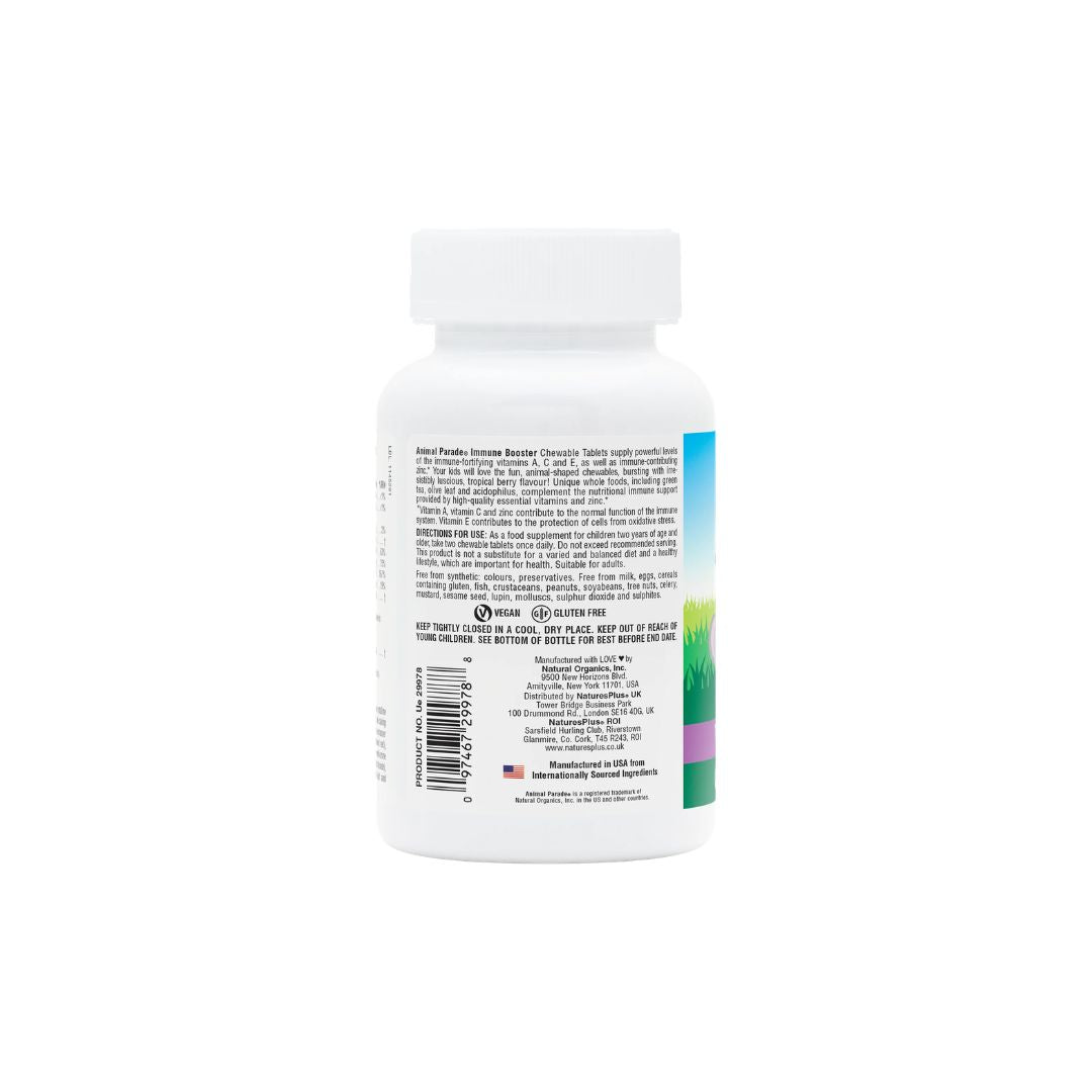 NaturesPlus Animal Parade Immune Booster Tablets directions for use label on a white background
