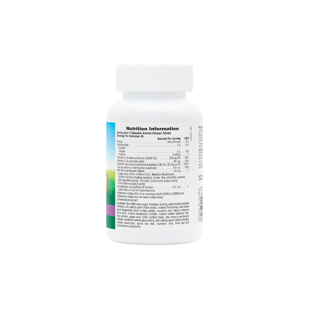 NaturesPlus Animal Parade Immune Booster Tablets nutritional information label on a white background