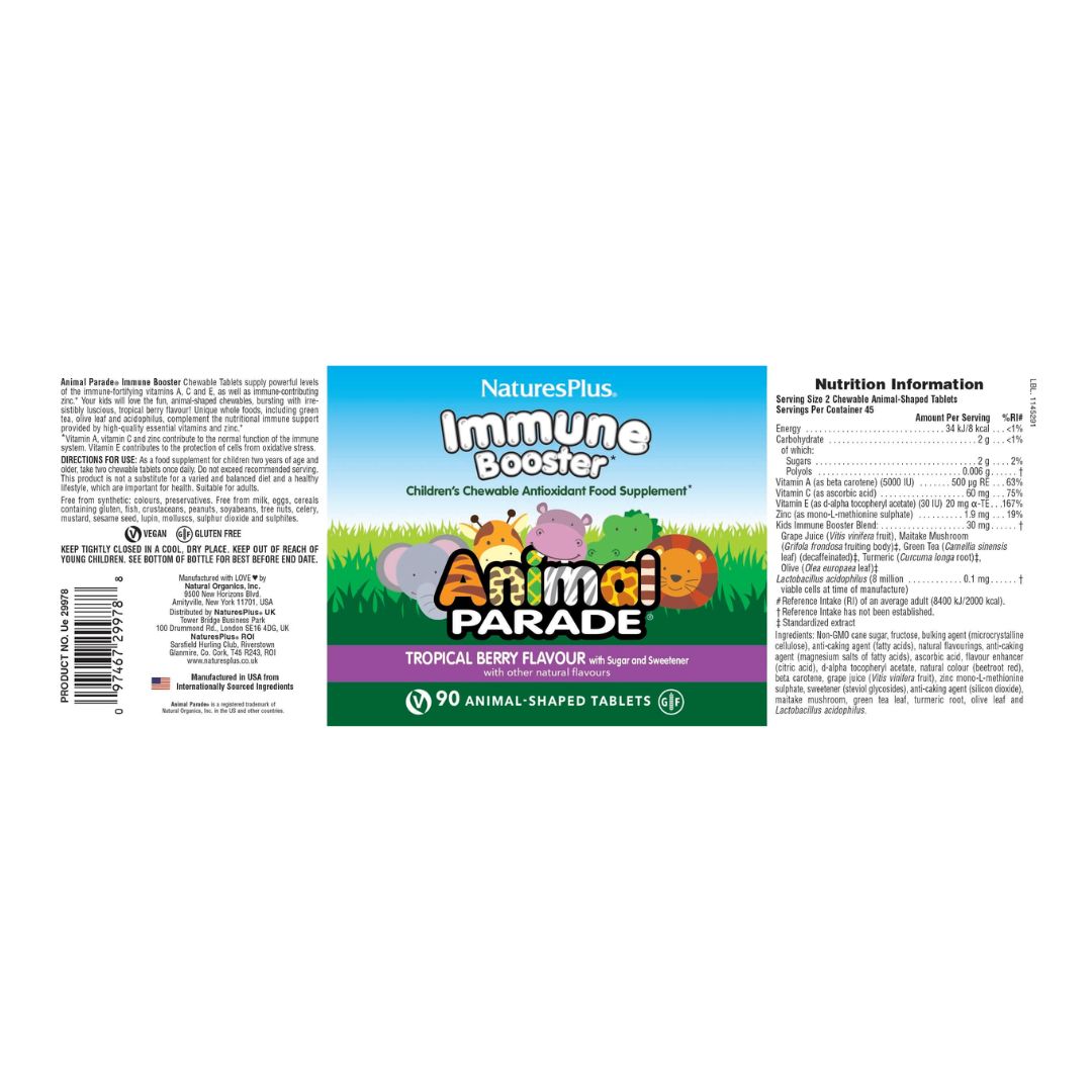 NaturesPlus Animal Parade Immune Booster Tablets full label on a white background