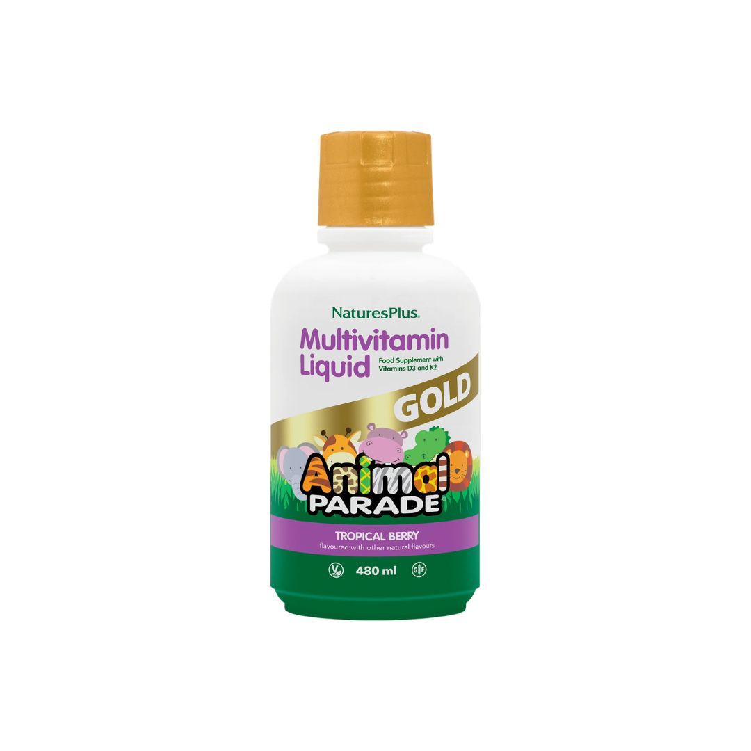 NaturesPlus Animal Parade Gold Multivitamin Liquid - Tropical Berry botte on a white background