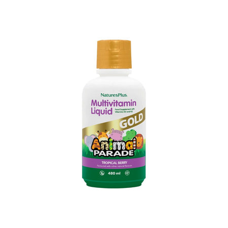 NaturesPlus Animal Parade Gold Multivitamin Liquid - Tropical Berry botte on a white background
