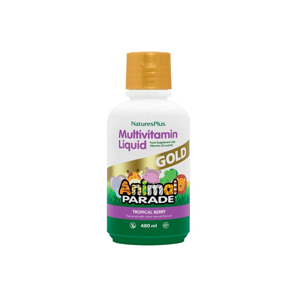 NaturesPlus Animal Parade Gold Multivitamin Liquid - Tropical Berry botte on a white background