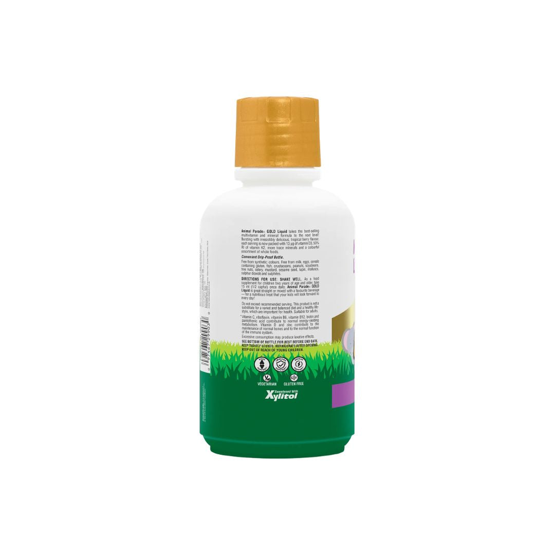 NaturesPlus Animal Parade Gold Multivitamin Liquid - Tropical Berry dosage information label on a white background