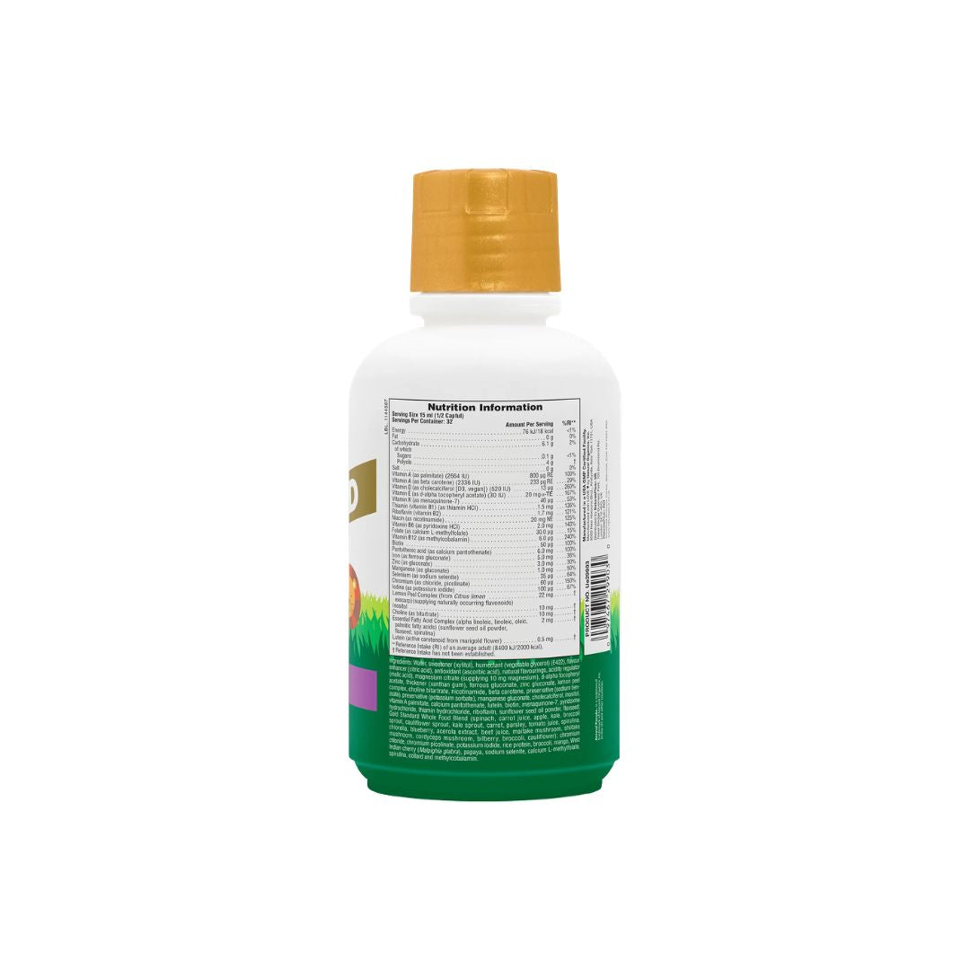 NaturesPlus Animal Parade Gold Multivitamin Liquid - Tropical Berry bottle with nutritional information on a white background