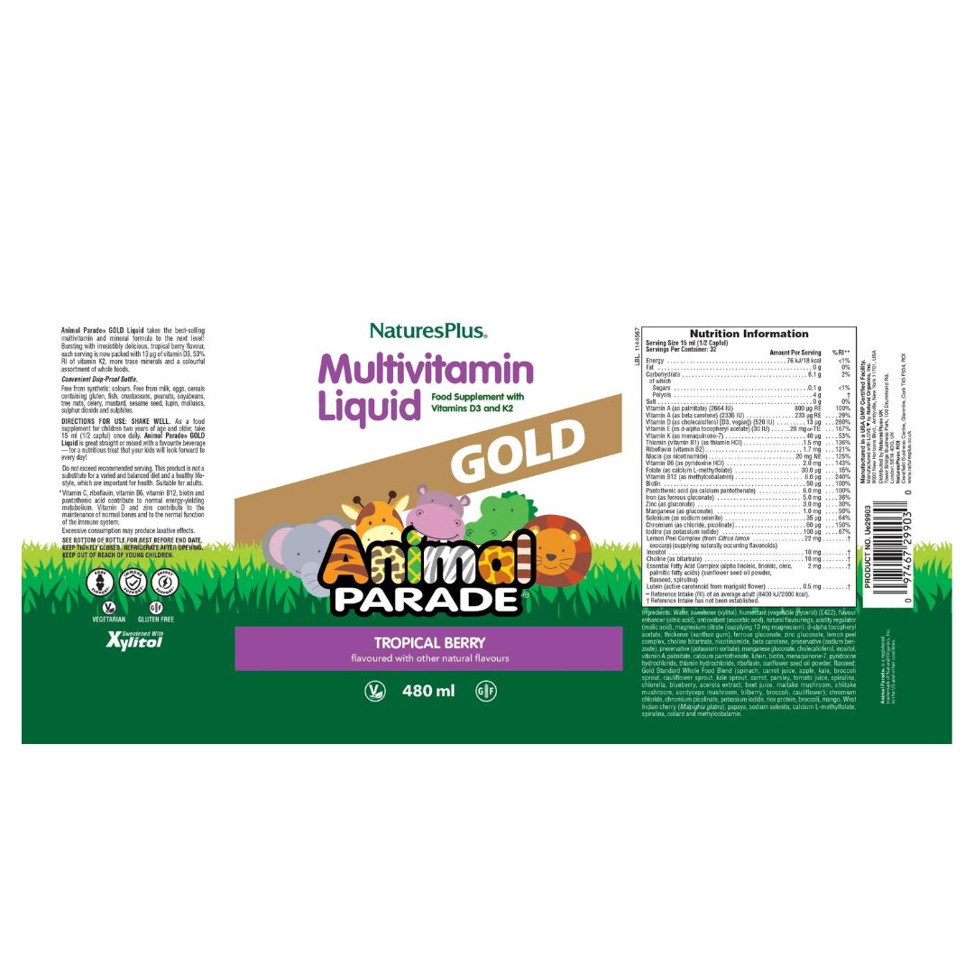 NaturesPlus Animal Parade Gold Multivitamin Liquid - Tropical Berry full label on a white background