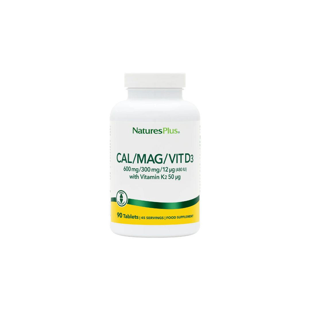 NaturesPlus Cal/Mag/Vit D3 Tablets (90) front angle of container on a white background