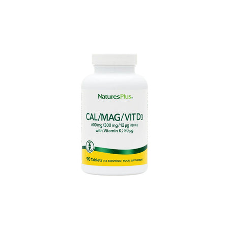 NaturesPlus Cal/Mag/Vit D3 Tablets (90) front angle of container on a white background