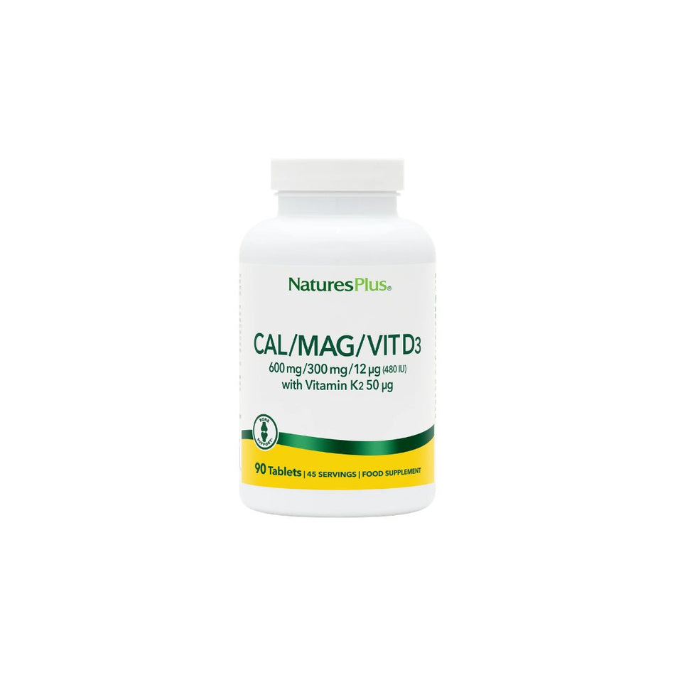 NaturesPlus Cal/Mag/Vit D3 Tablets (90) front angle of container on a white background