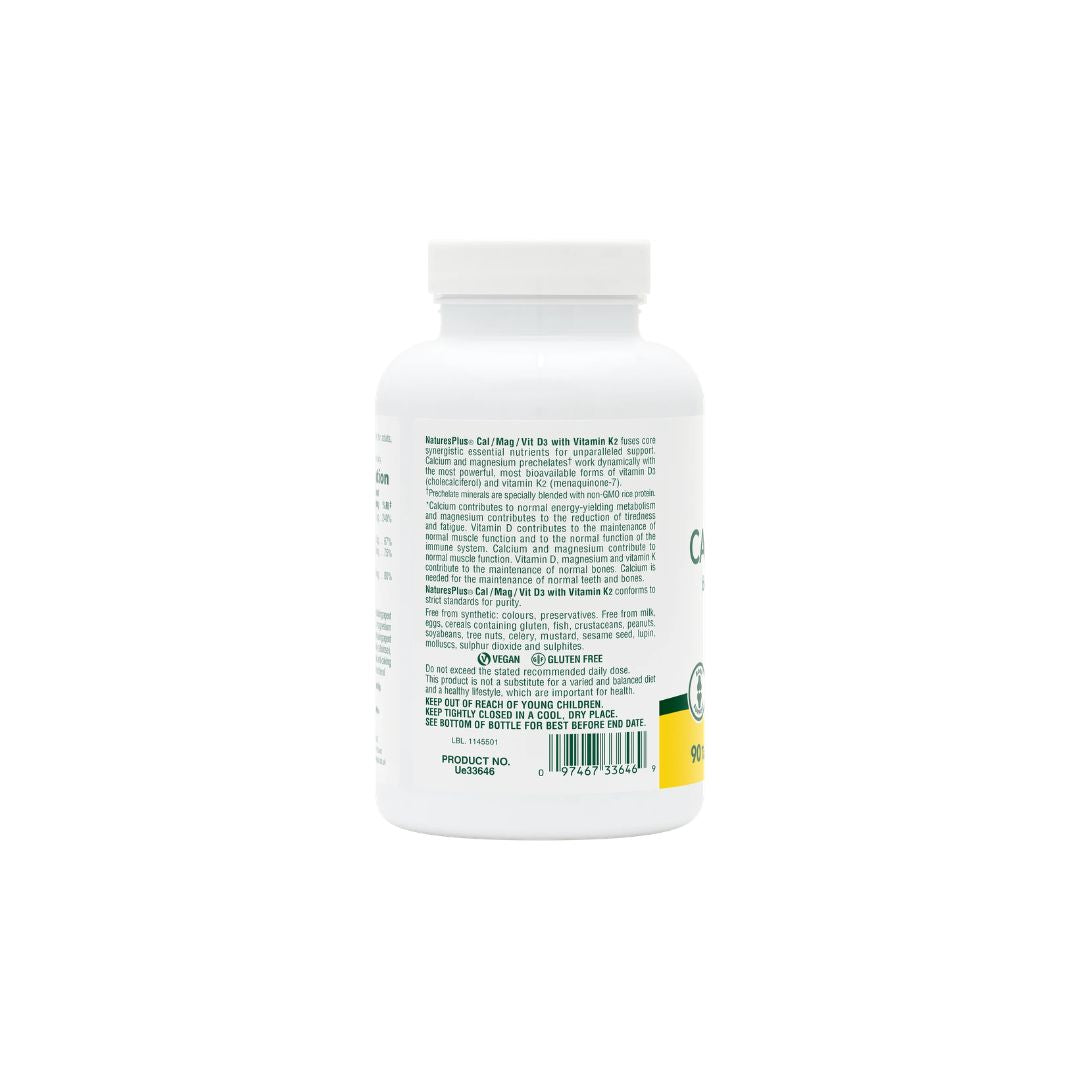 NaturesPlus Cal/Mag/Vit D3 Tablets (90) rear angle of container on a white background