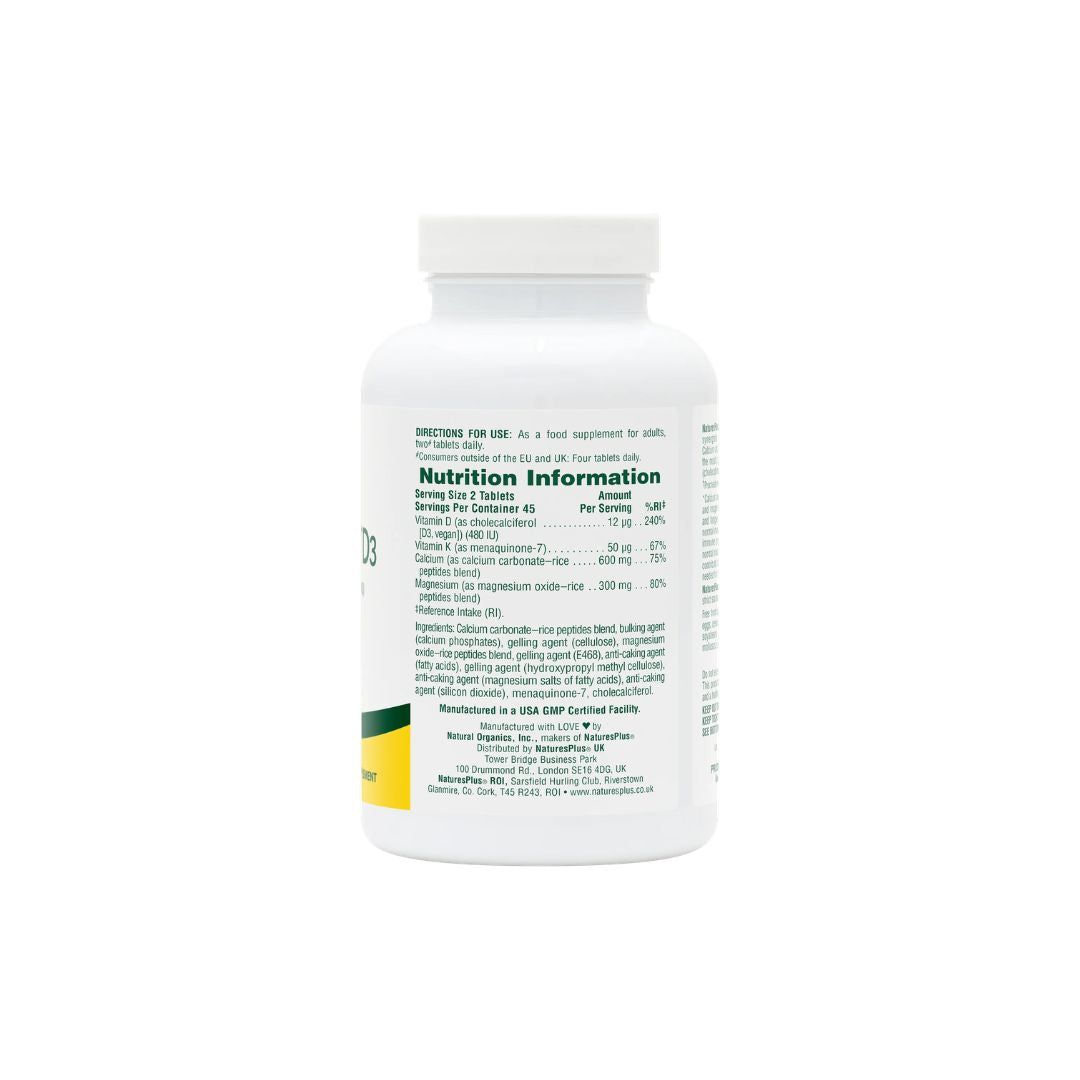 NaturesPlus Cal/Mag/Vit D3 Tablets (90) side angle of container on a white background