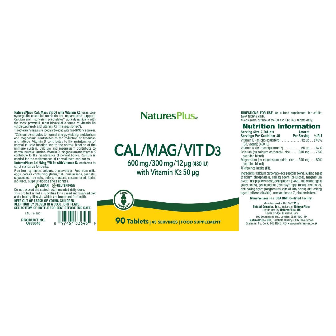 NaturesPlus Cal/Mag/Vit D3 Tablets (90) container label spread out on a white background