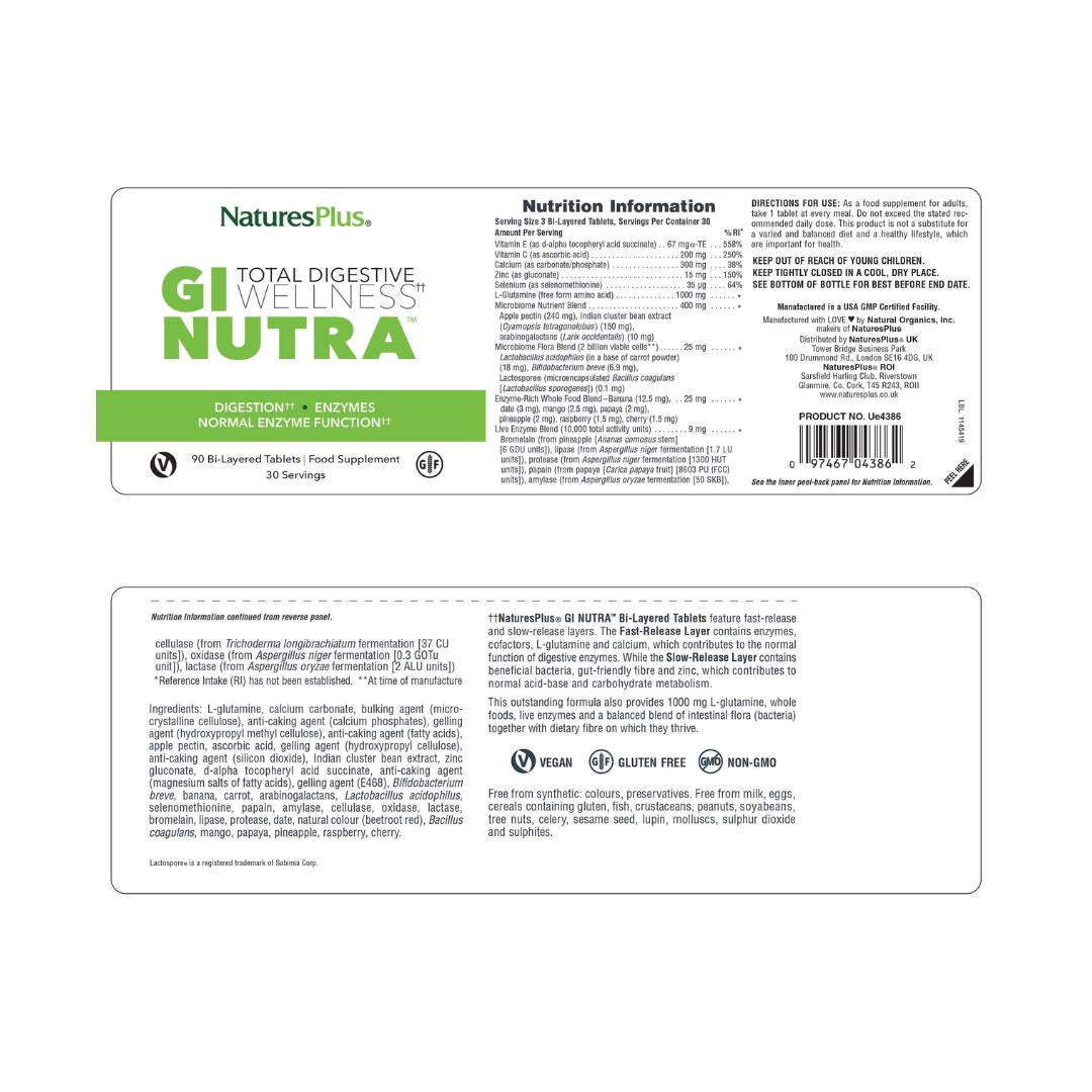 Natures Plus GI Nutra Digestive Wellness label on a white background