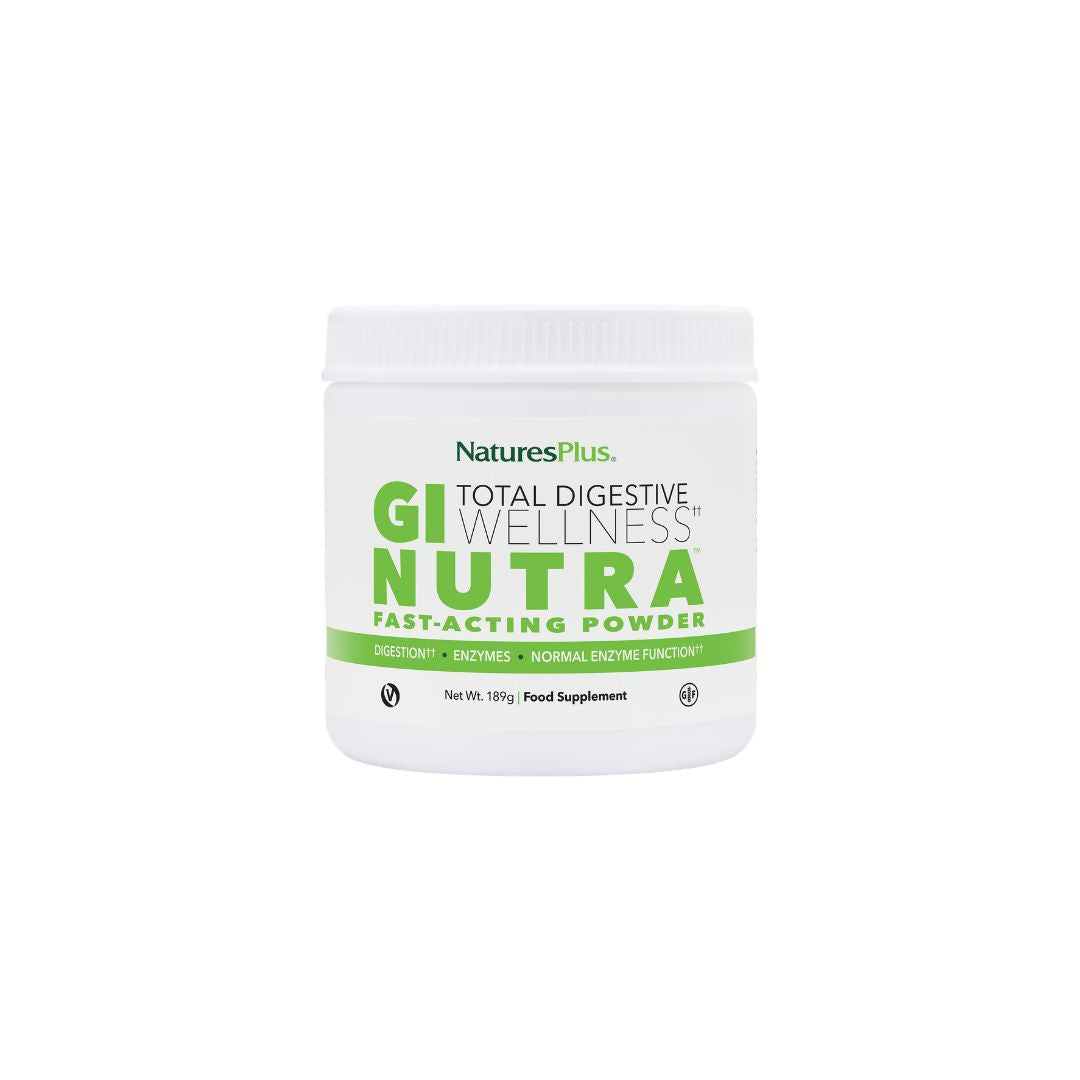 NaturesPlus GI Nutra Digestive Wellness Powder container (front angle) on a white background