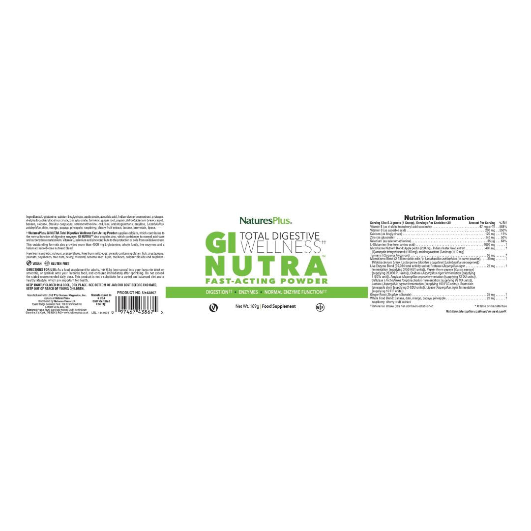 NaturesPlus GI Nutra Digestive Wellness Powder Label spread out onto a white background