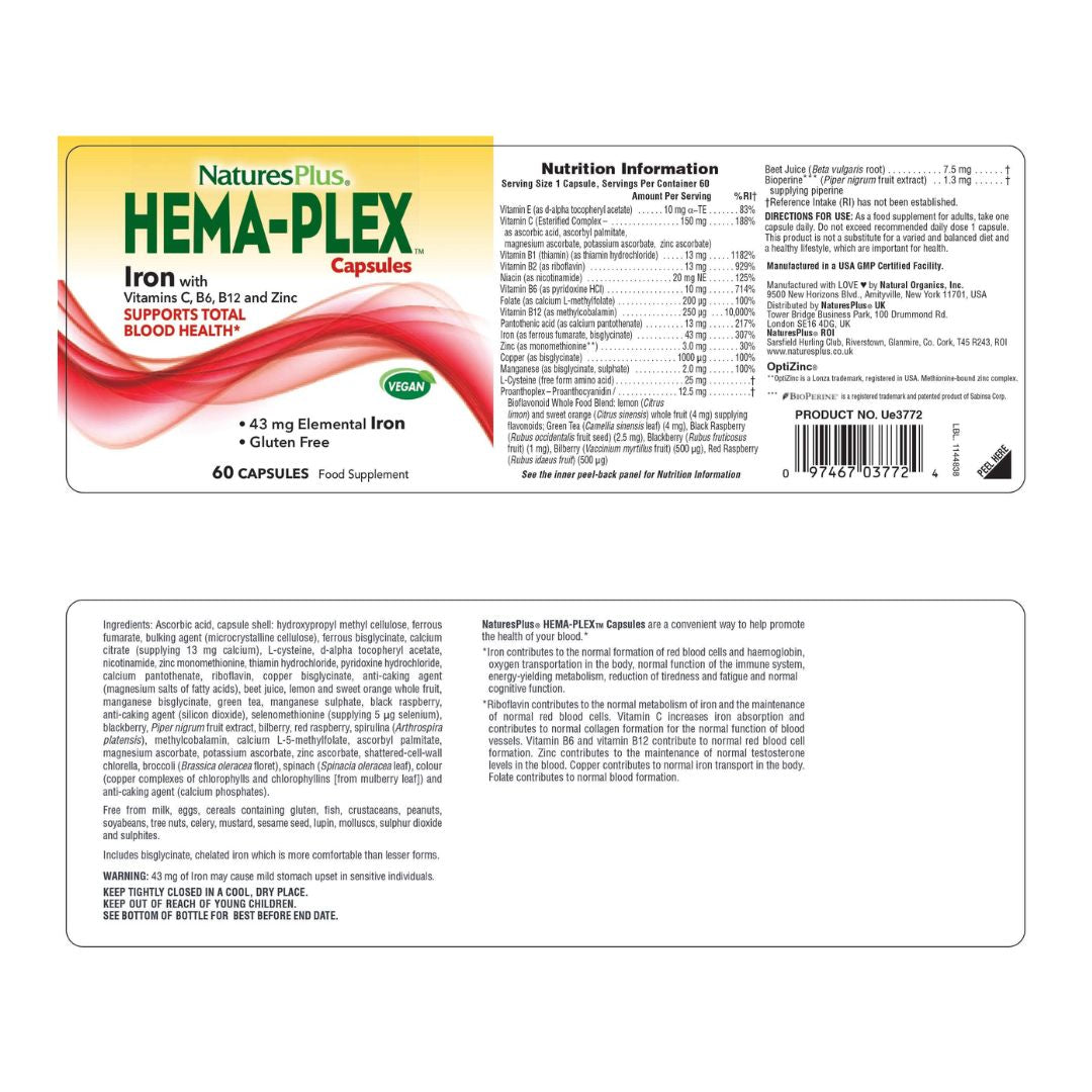 NaturesPlus Hema-Plex Iron 60 Capsules label on a white background
