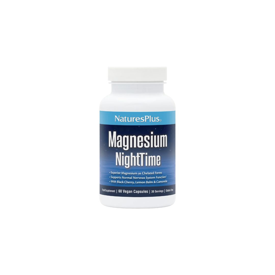 NaturesPlus Magnesium NightTime 60 Capsules container (front view) on a white background