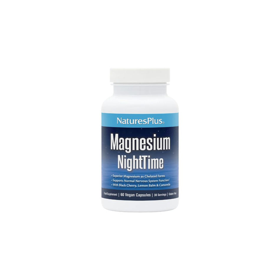 NaturesPlus Magnesium NightTime 60 Capsules container (front view) on a white background